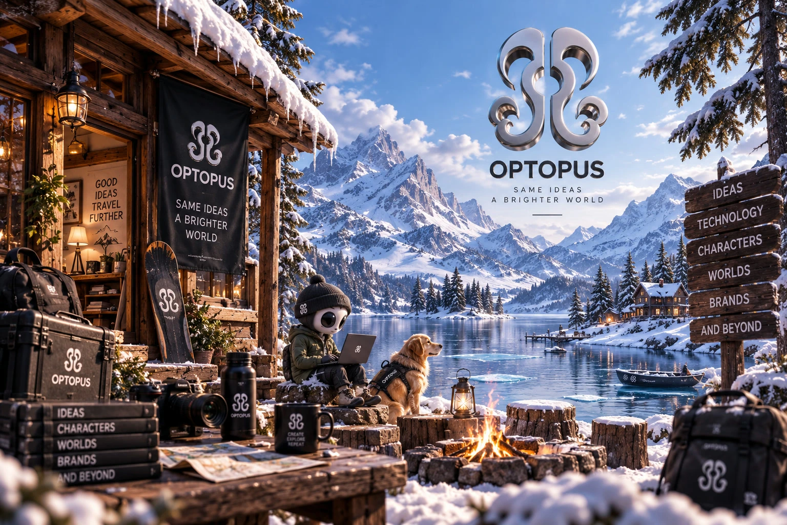 A 3D-rendered OPTOPUS winter scene: an alien mascot and a dog beside a lakeside cabin studio, with branded backpacks, camera gear and the metallic OPTOPUS logo floating above the mountains.