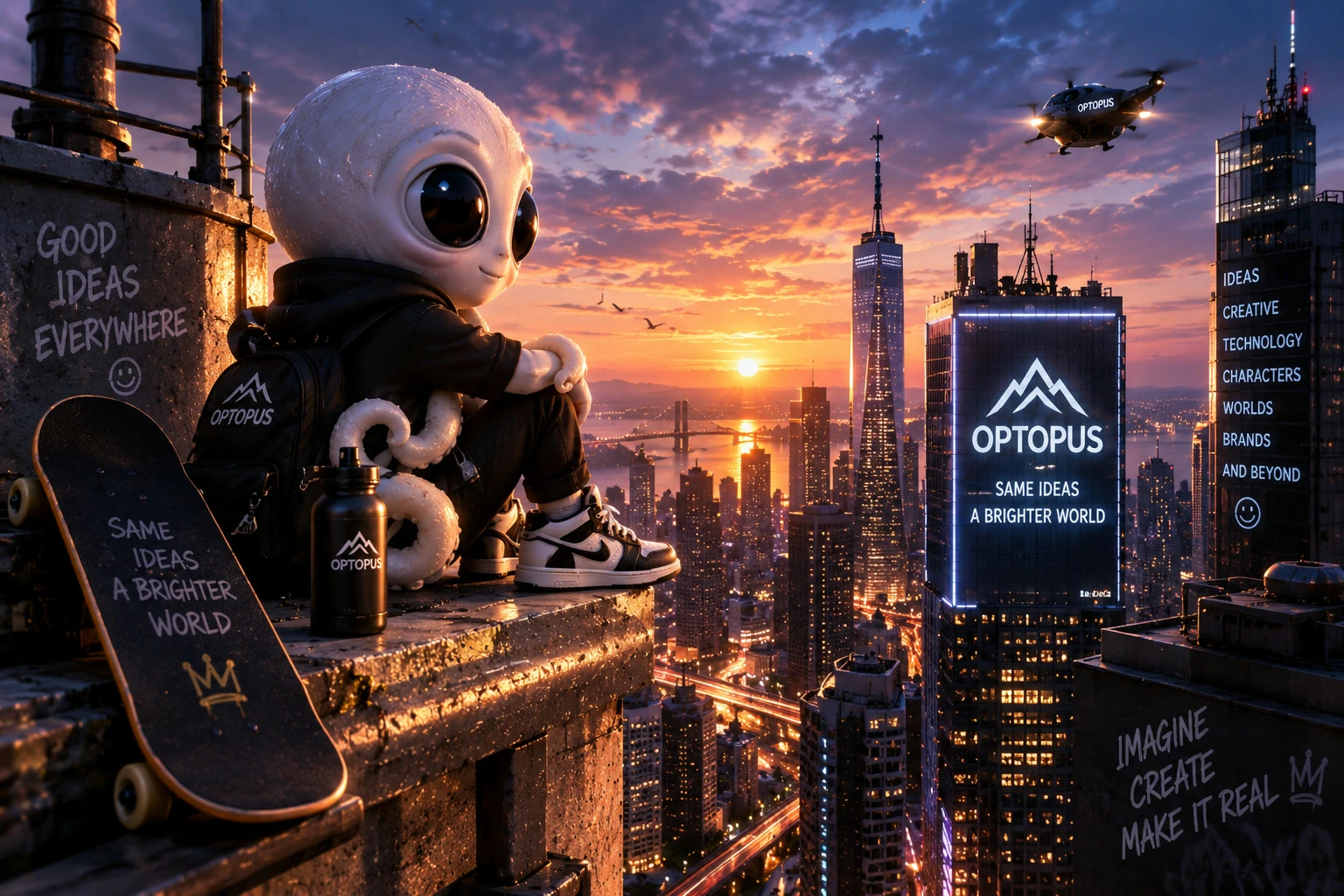 A 3D-rendered alien mascot character sitting on a rooftop over a cinematic city skyline at sunset, beside an OPTOPUS-branded billboard and drone.