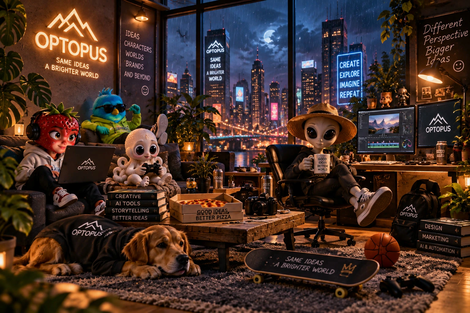 Several 3D OPTOPUS mascot characters relaxing in a branded studio lounge at night, with a dog, editing monitors and a city view.