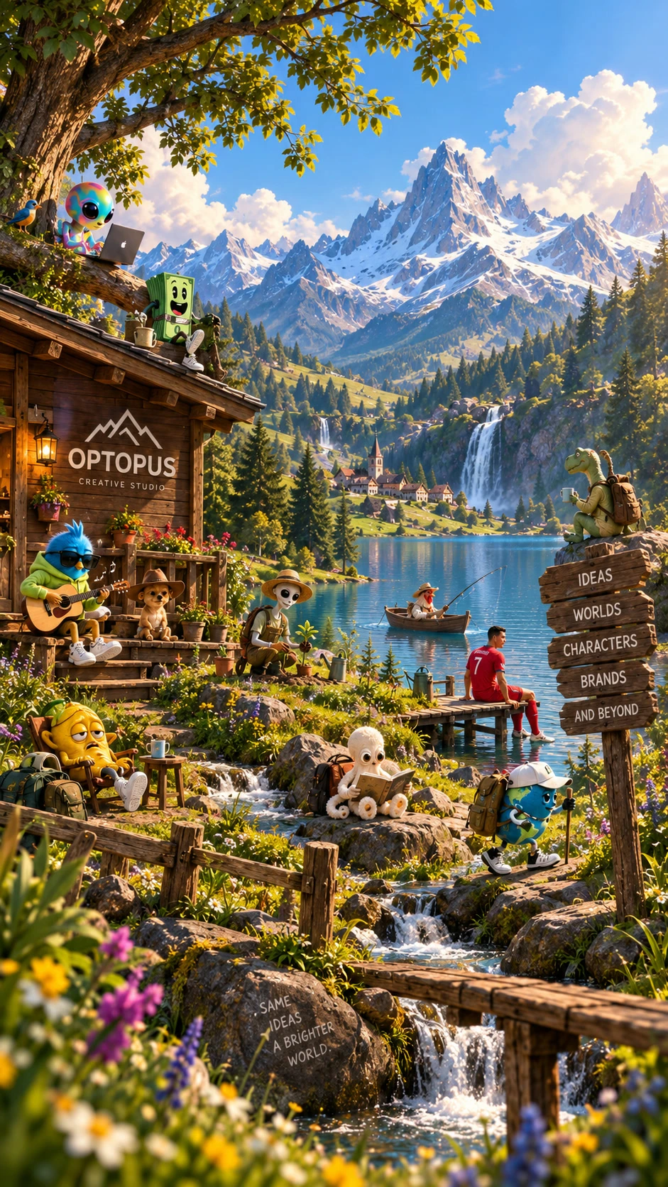 A cinematic OPTOPUS mountain world: a wooden cabin studio beside a lake with waterfalls and a distant village, populated by playful branded mascot characters hiking, fishing and relaxing, with a signpost reading Ideas, Worlds, Characters, Brands, And Beyond.