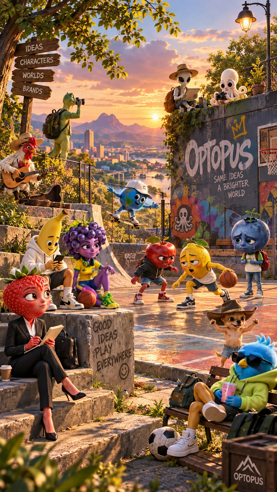 A colorful cast of fruit and animal mascot characters playing basketball on an outdoor court at sunset, in front of an OPTOPUS graffiti mural reading Same Ideas A Brighter World.