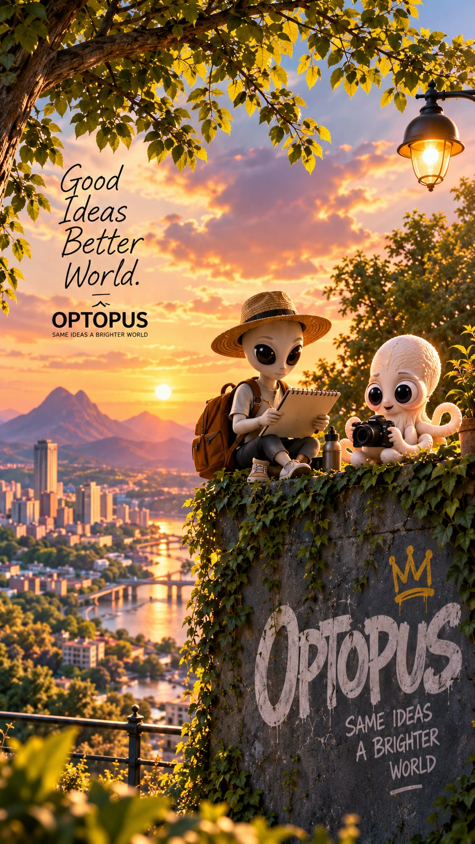 An alien and an octopus mascot character sitting on an OPTOPUS wall overlooking a city at sunset, beside the words Good Ideas Better World.