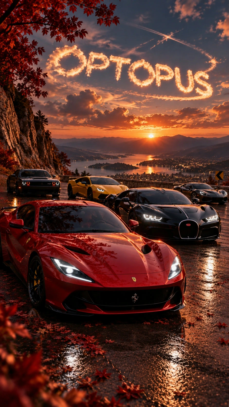 A lineup of luxury supercars on a mountain road at sunset, with the OPTOPUS wordmark written across the sky in jet contrails.