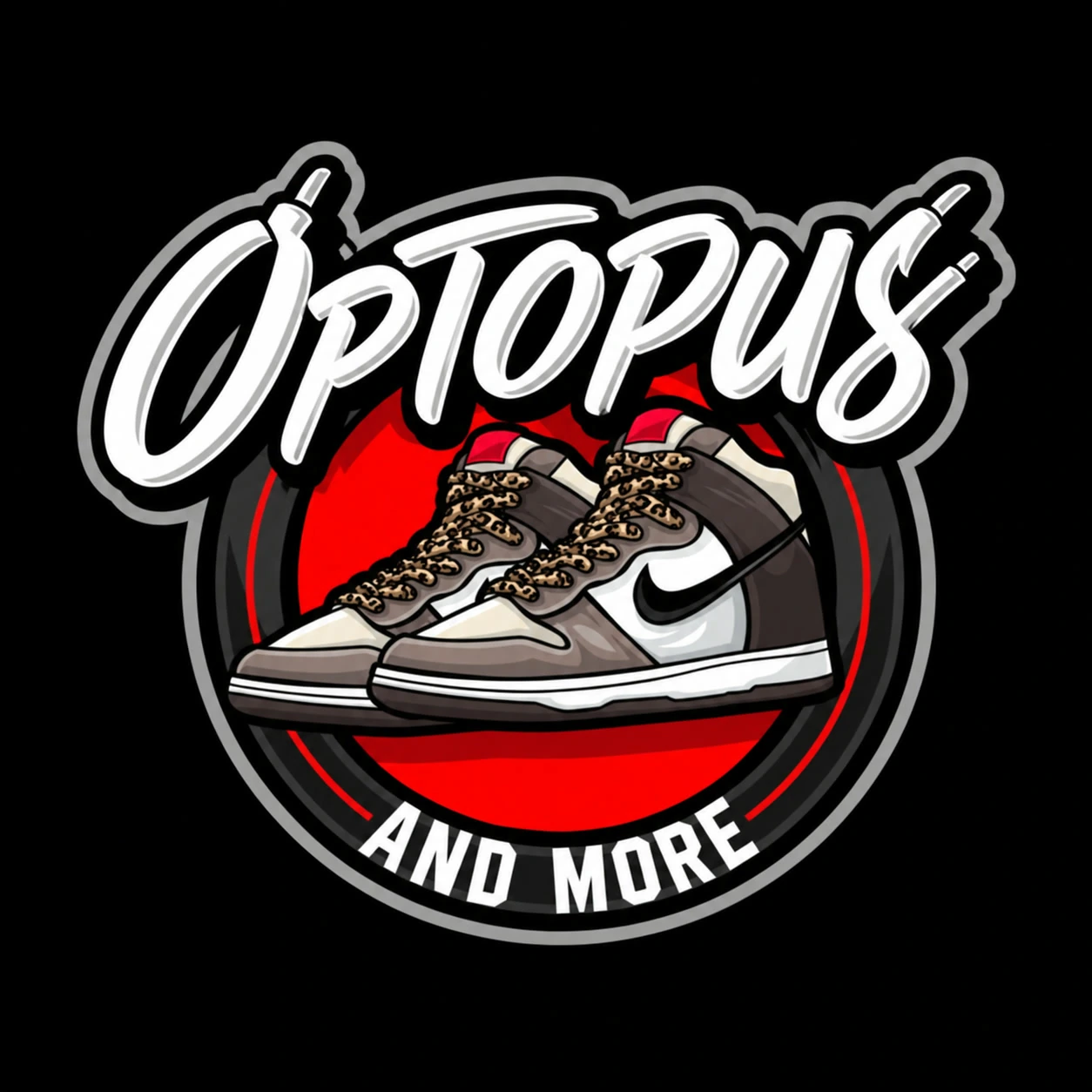 A bold streetwear sneaker badge logo concept built around a leopard-lace high-top sneaker.