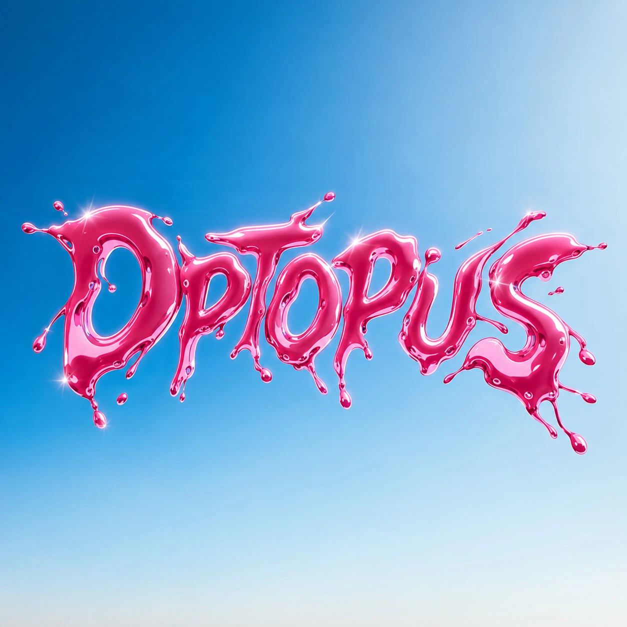 A glossy pink liquid 3D wordmark logo concept against a blue sky gradient.