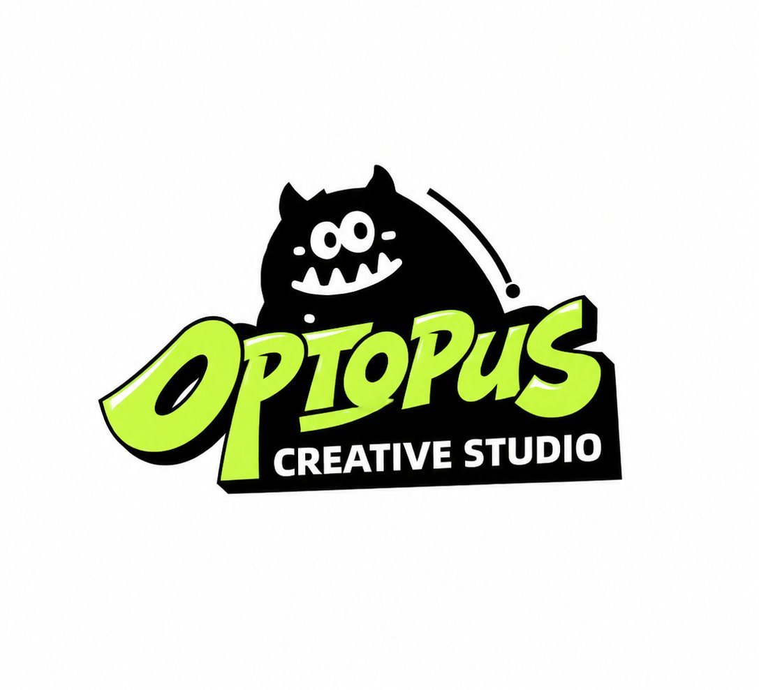 A playful black monster mascot logo concept in lime green and black.