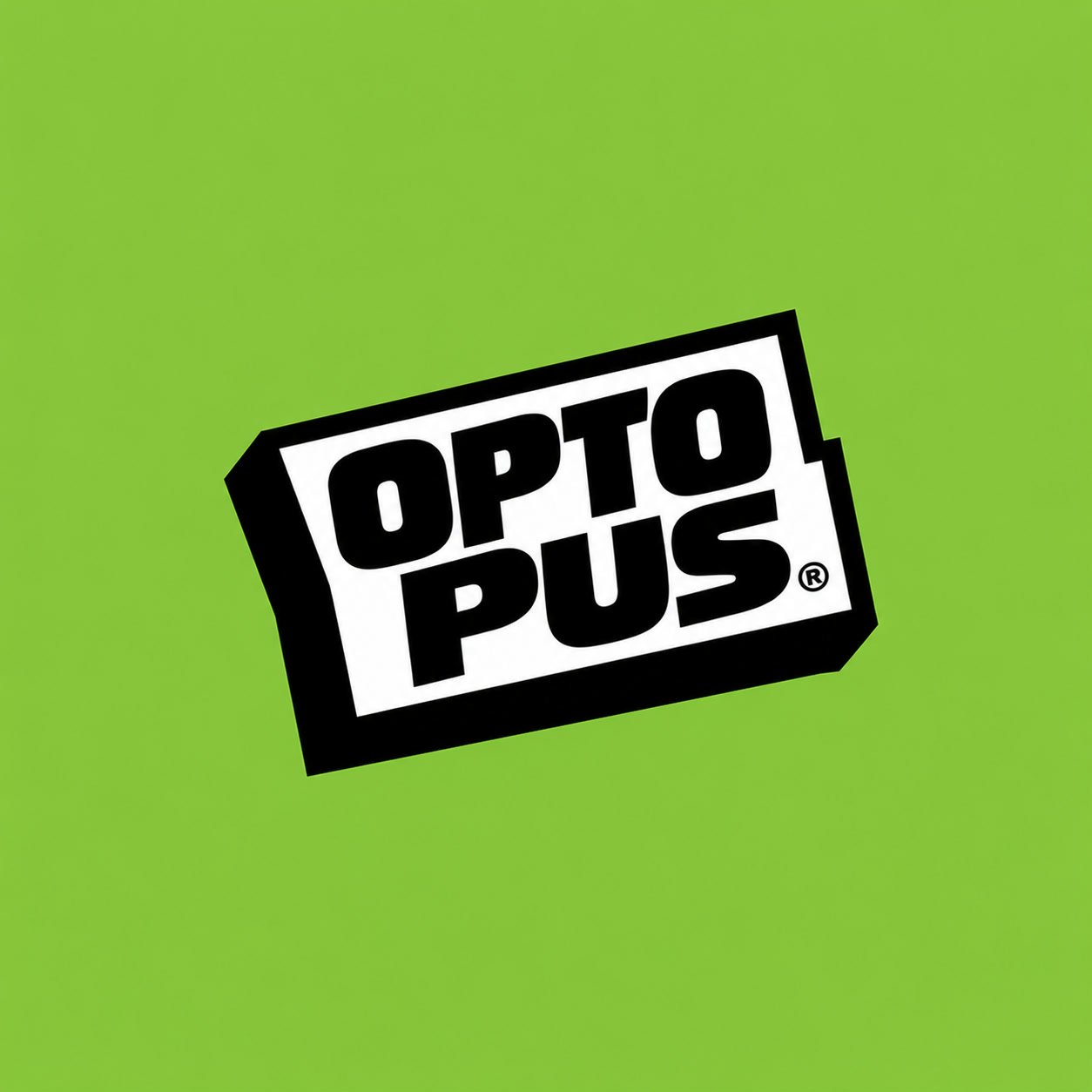 An angled sticker-badge wordmark logo concept in black, white and lime green.