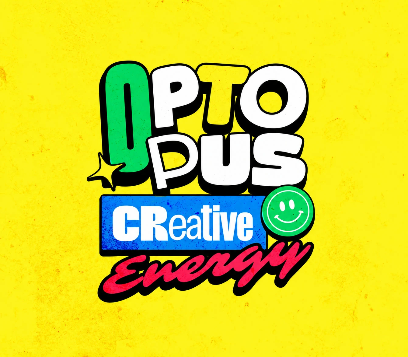 A neo-pop, energetic logo concept mixing bold type, a smiley icon and hand-lettered script.