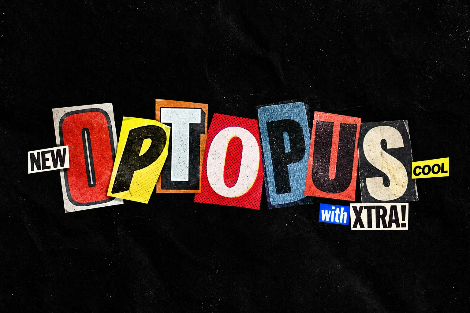 A punk collage, ransom-note style wordmark logo concept on a dark textured background.