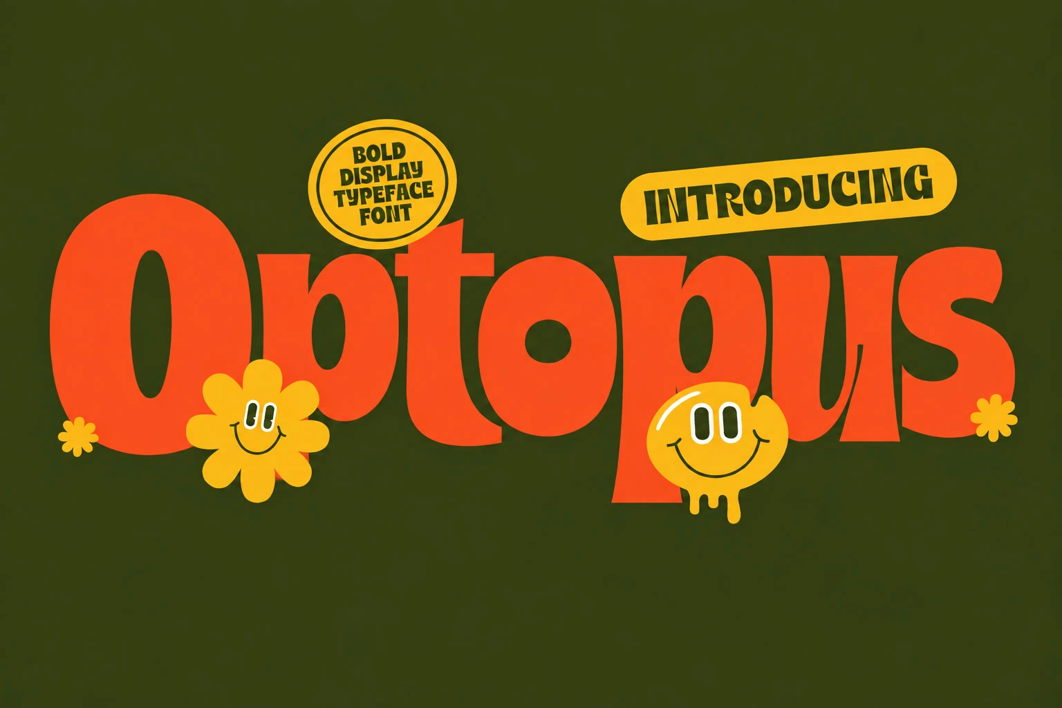 A retro bold display-typeface specimen concept with playful smiley and flower icons.