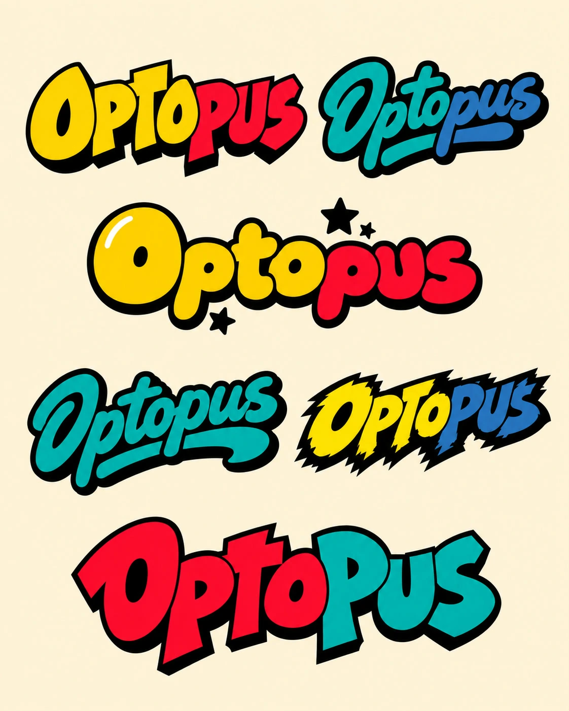 A sheet of varied hand-lettered wordmark logo concepts in different colors and styles.