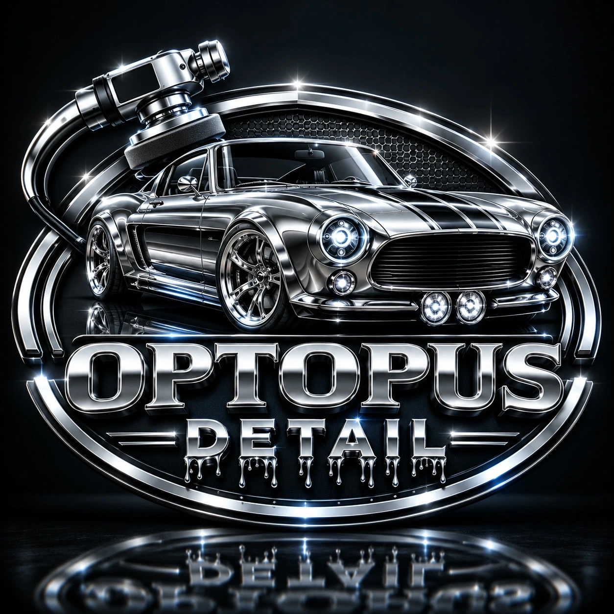 A chrome automotive detailing badge logo concept featuring a classic sports car.
