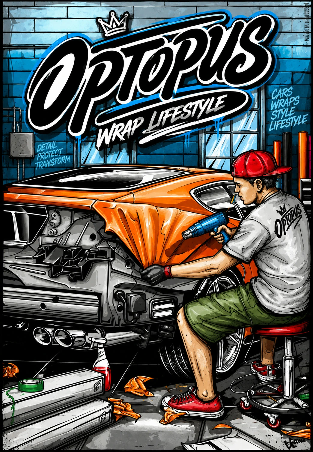 An illustrated streetwear-style poster logo concept for a car wrap and detailing brand.