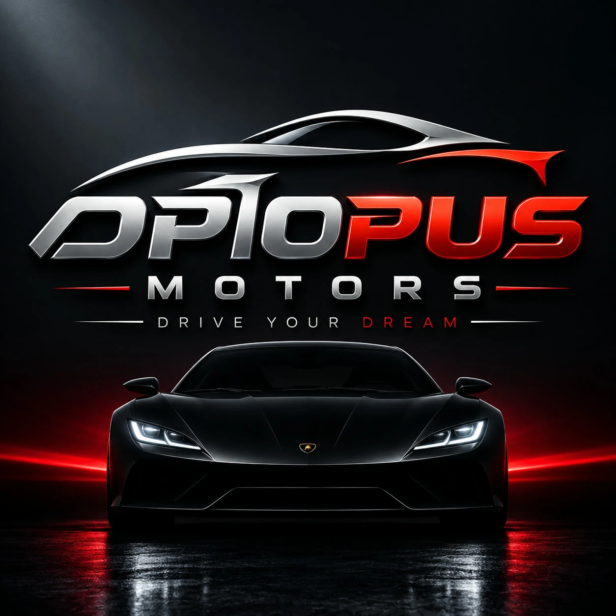 A sleek metallic sports-car dealership logo concept with a supercar silhouette.