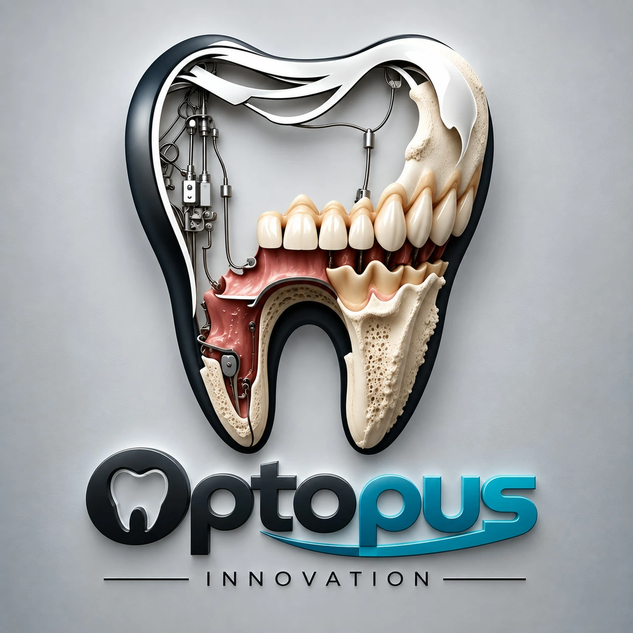 A conceptual dental-innovation logo blending a tooth illustration with a modern wordmark.