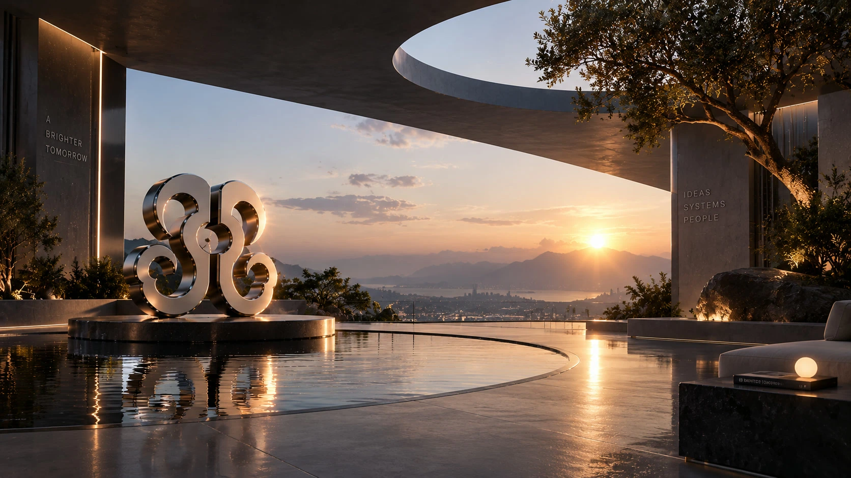 The metallic OPTOPUS sculpture beside a reflecting infinity pool, looking out over mountains and a city at golden-hour sunset.