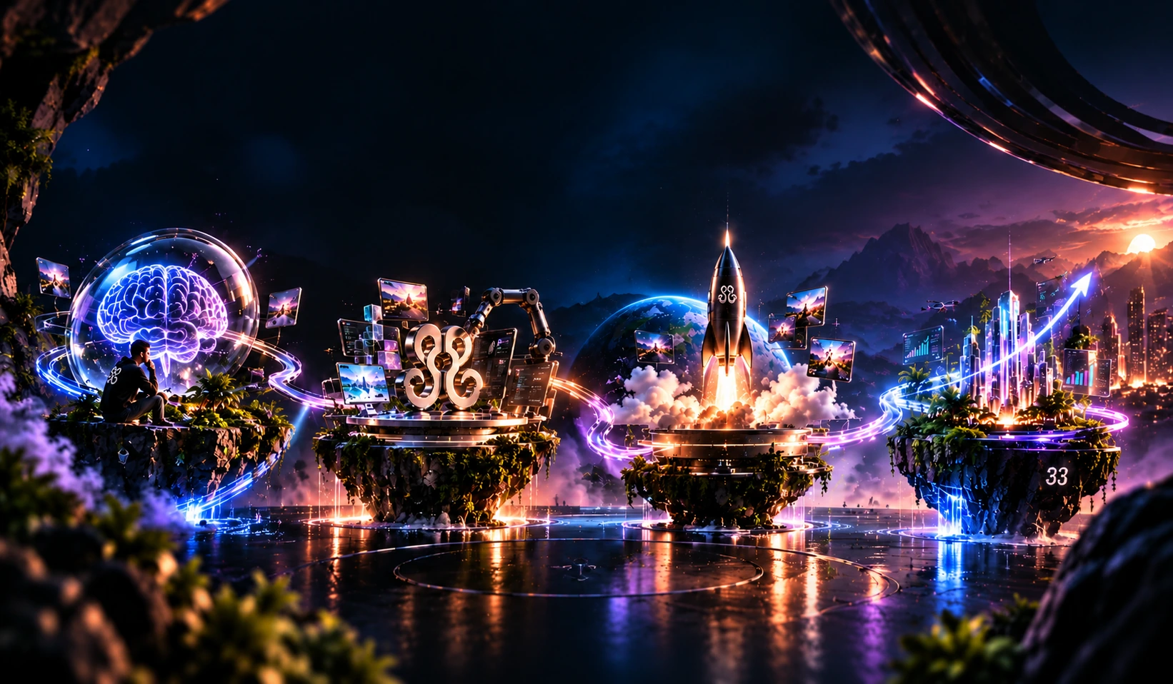 Four floating islands — Think, Build, Launch, Grow — in one connected cinematic scene.