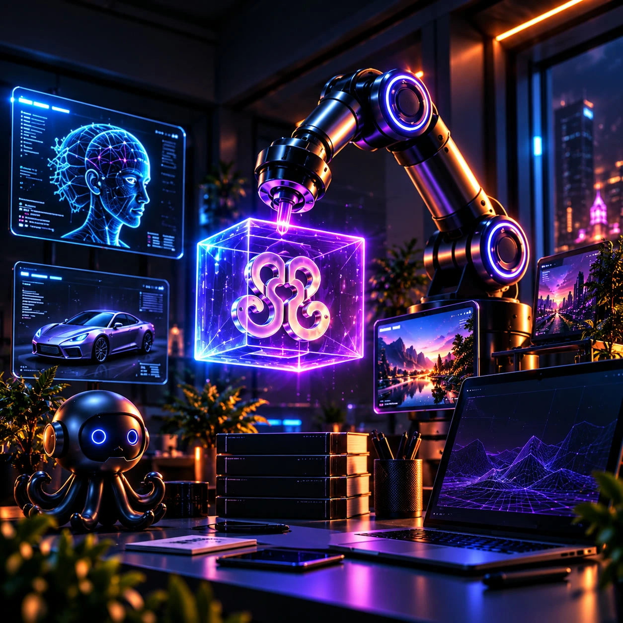 A robotic arm places the OPTOPUS emblem inside a glowing holographic cube on a desk surrounded by AI, design and data screens — the OPTOPUS Lab.