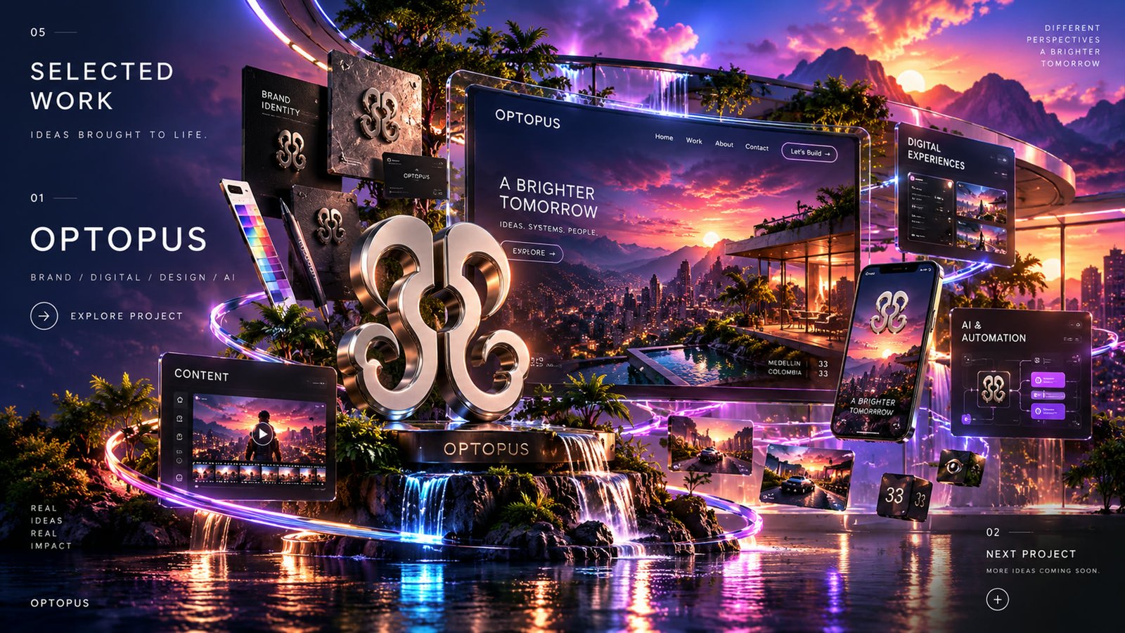 A cinematic showcase of the OPTOPUS brand identity, website, content and AI systems.