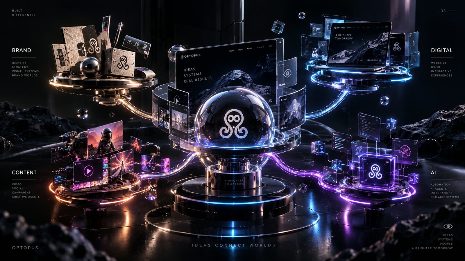 An installation of connected glass panels and light paths representing the OPTOPUS ecosystem.