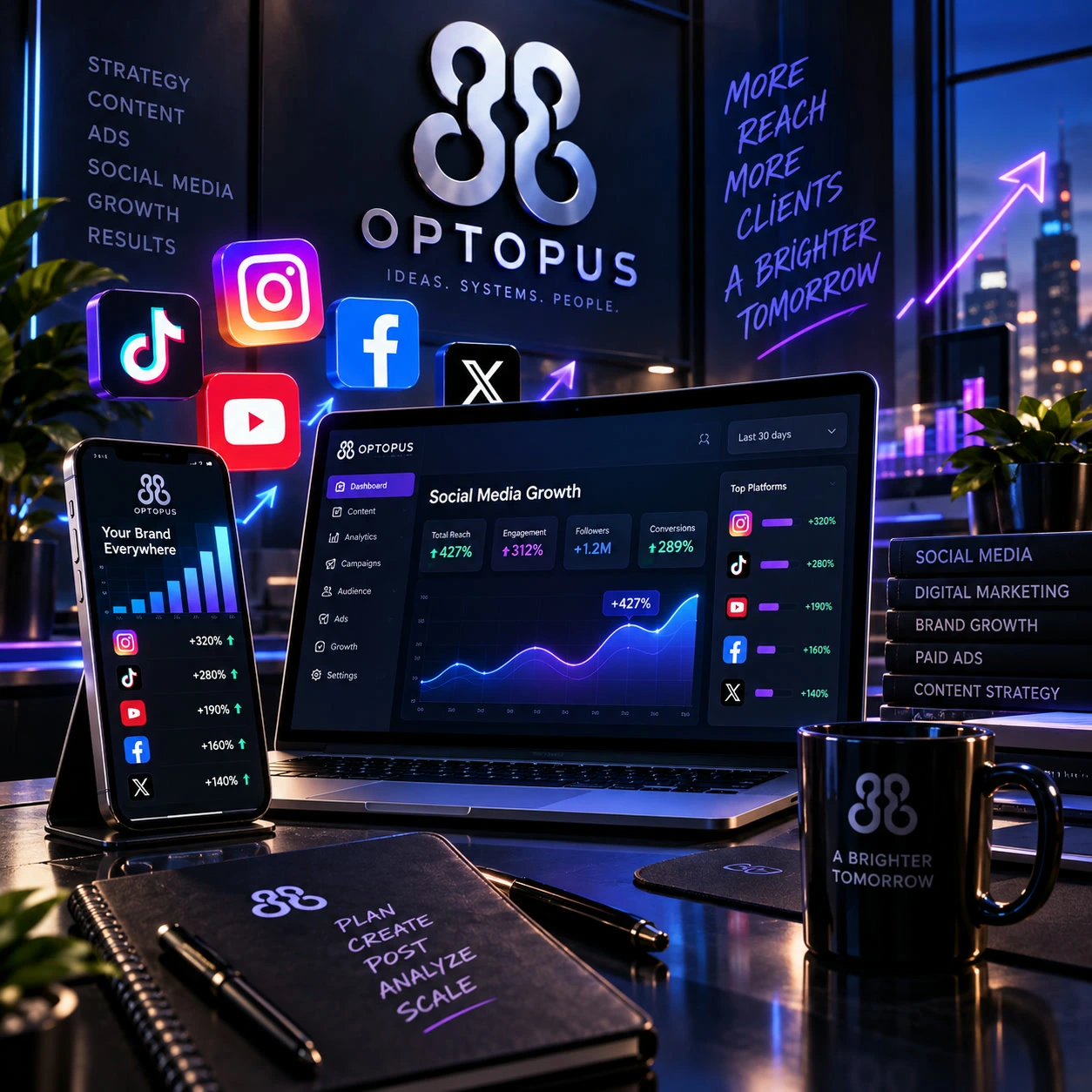 An OPTOPUS-branded office desk with a laptop showing a social media growth dashboard, a phone displaying app follower growth, and floating Instagram, TikTok, Facebook, X and YouTube icons.